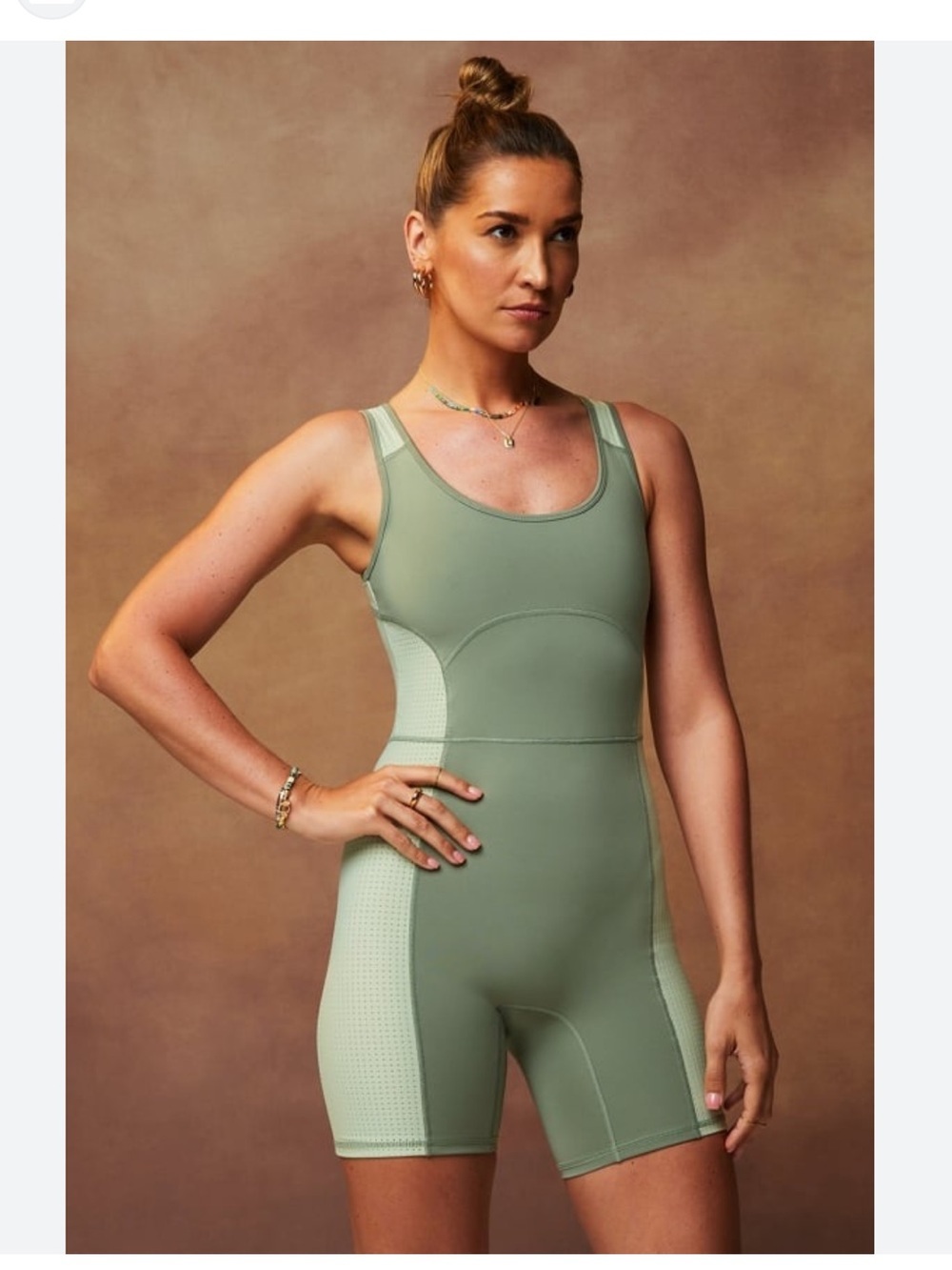 NWT FABLETICS Motion365+ Open Back Onesie in Palm Leaf/Thyme